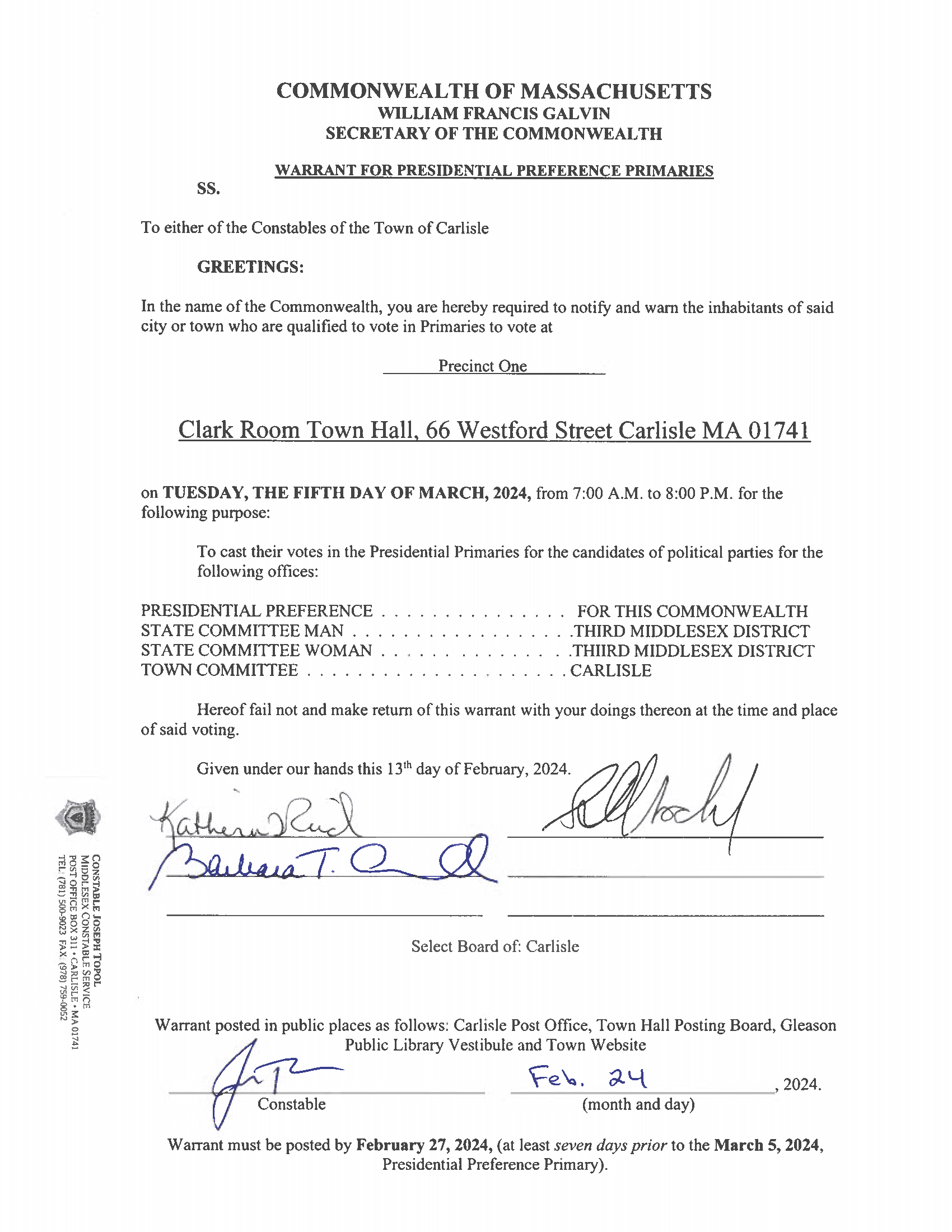 Warrant for the March 5th Presidential Primary