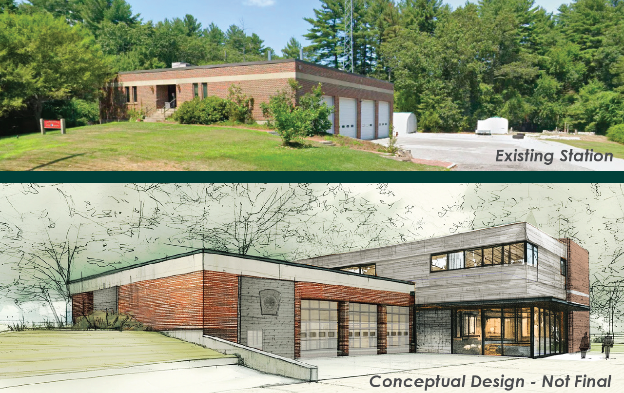 Existing Fire Station over a Non-final Conceptual Design of what the renovation might look like